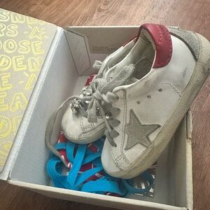 Golden Goose Kids White and Gray Sneakers with Red Heel